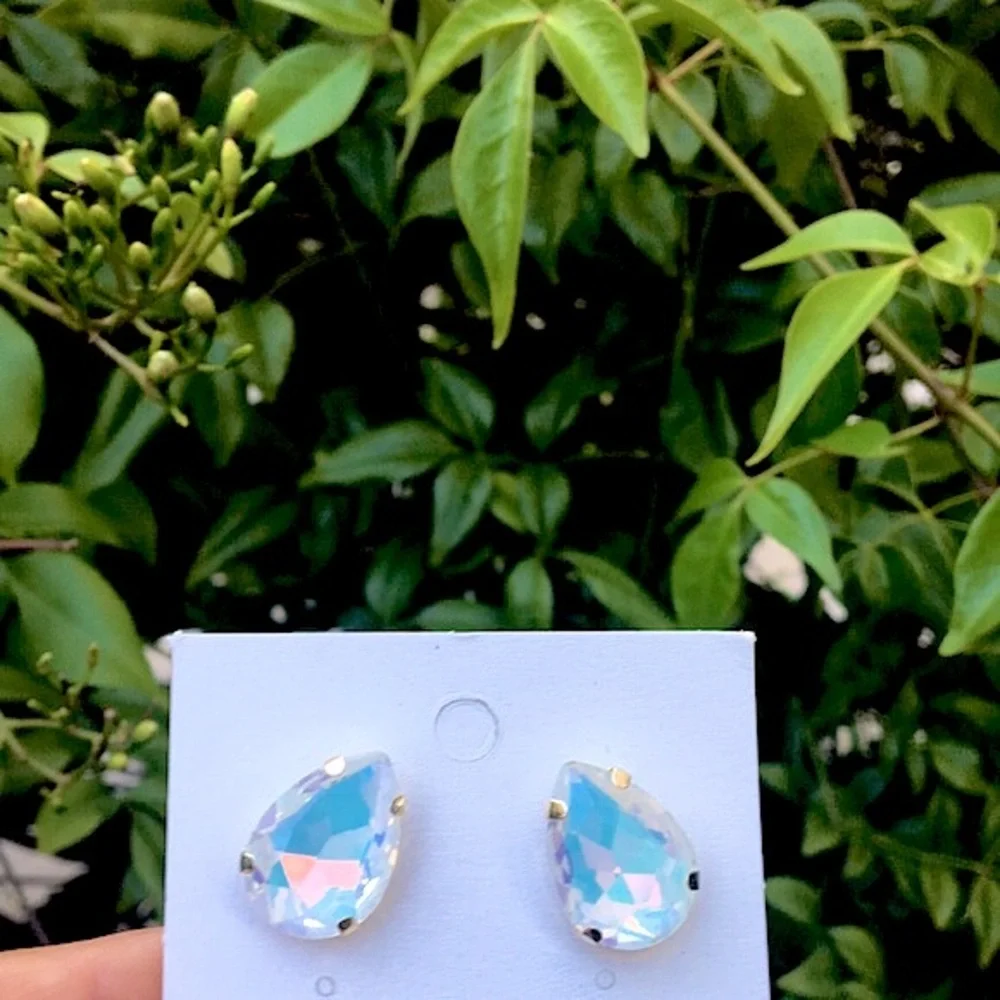 White Iridescent Opal AB Pear Crystal Earrings
